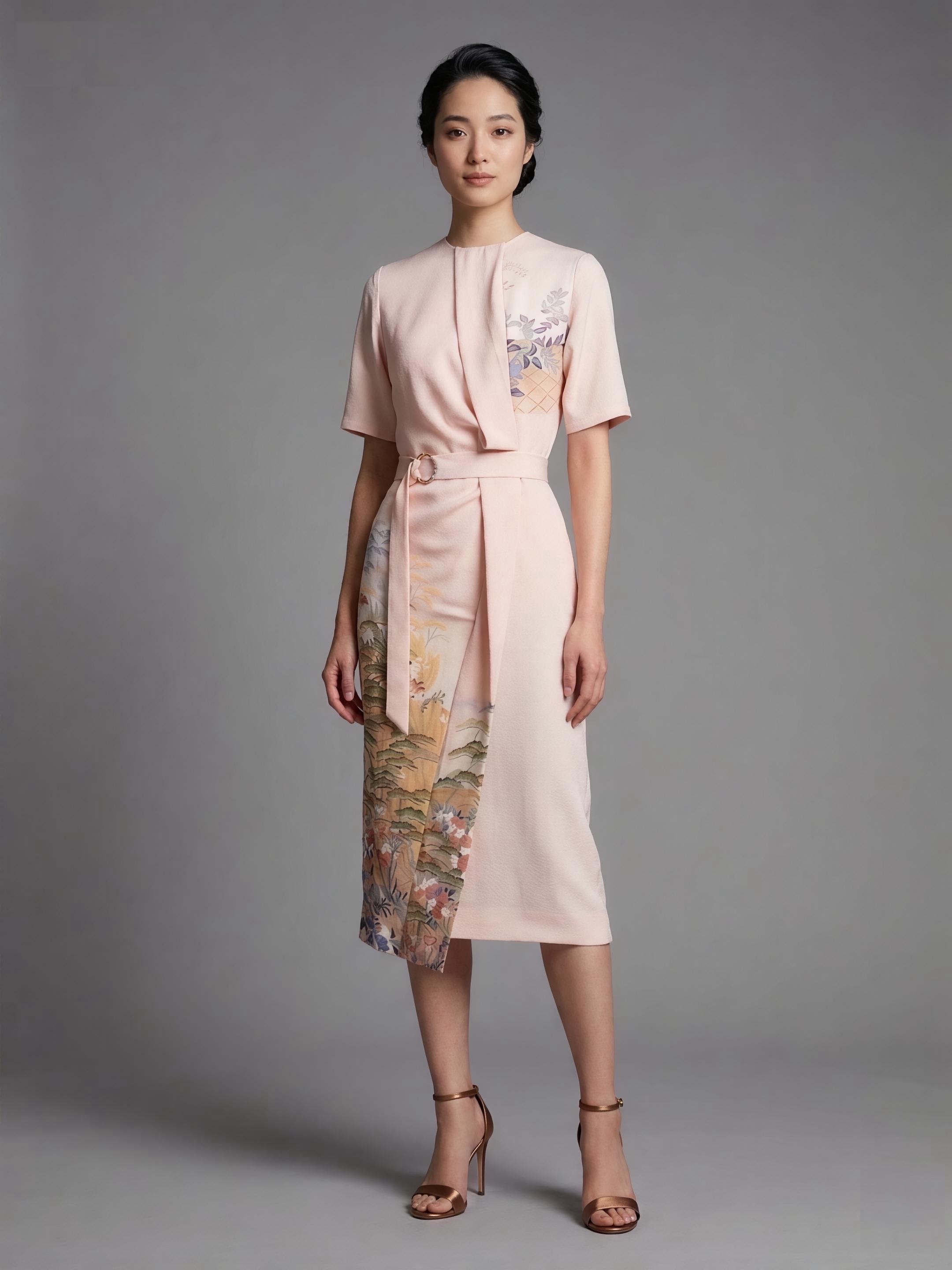 Marumi dress オリジナル着物リメイク 流麗アシンメトリーライン　半袖ドレス