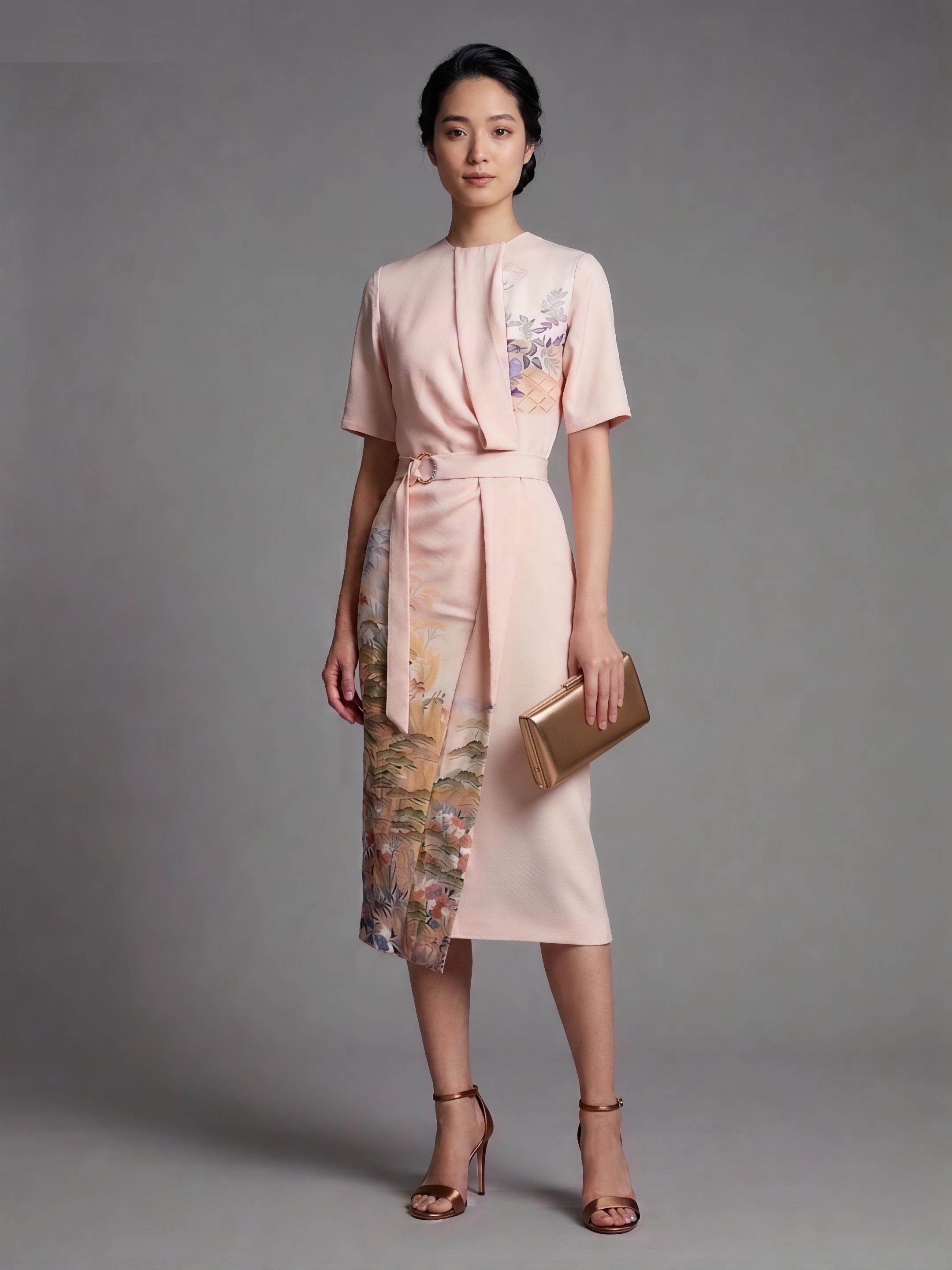 Marumi dress オリジナル着物リメイク 流麗アシンメトリーライン　半袖ドレス