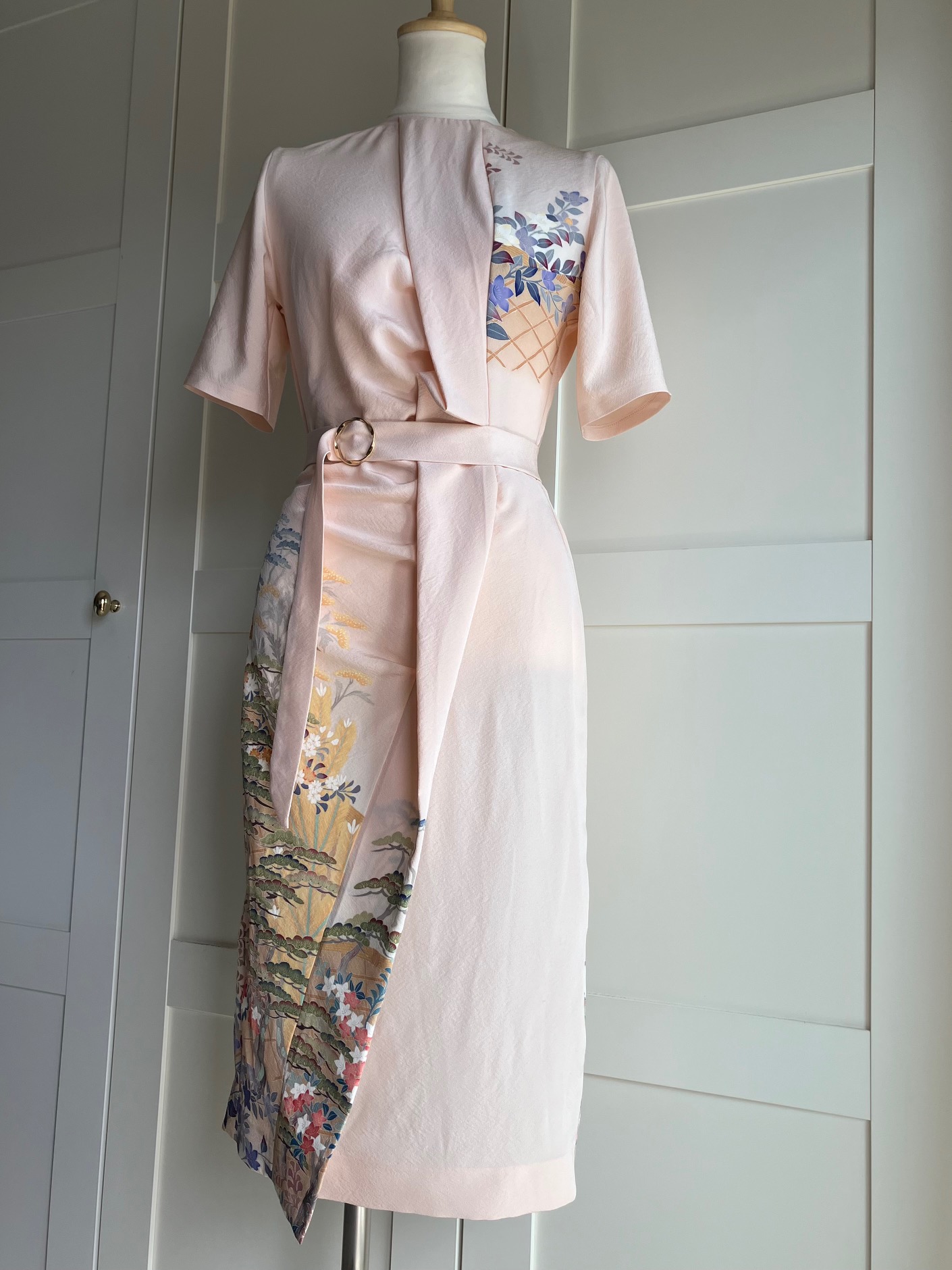 Marumi dress オリジナル着物リメイク 流麗アシンメトリーライン　半袖ドレス