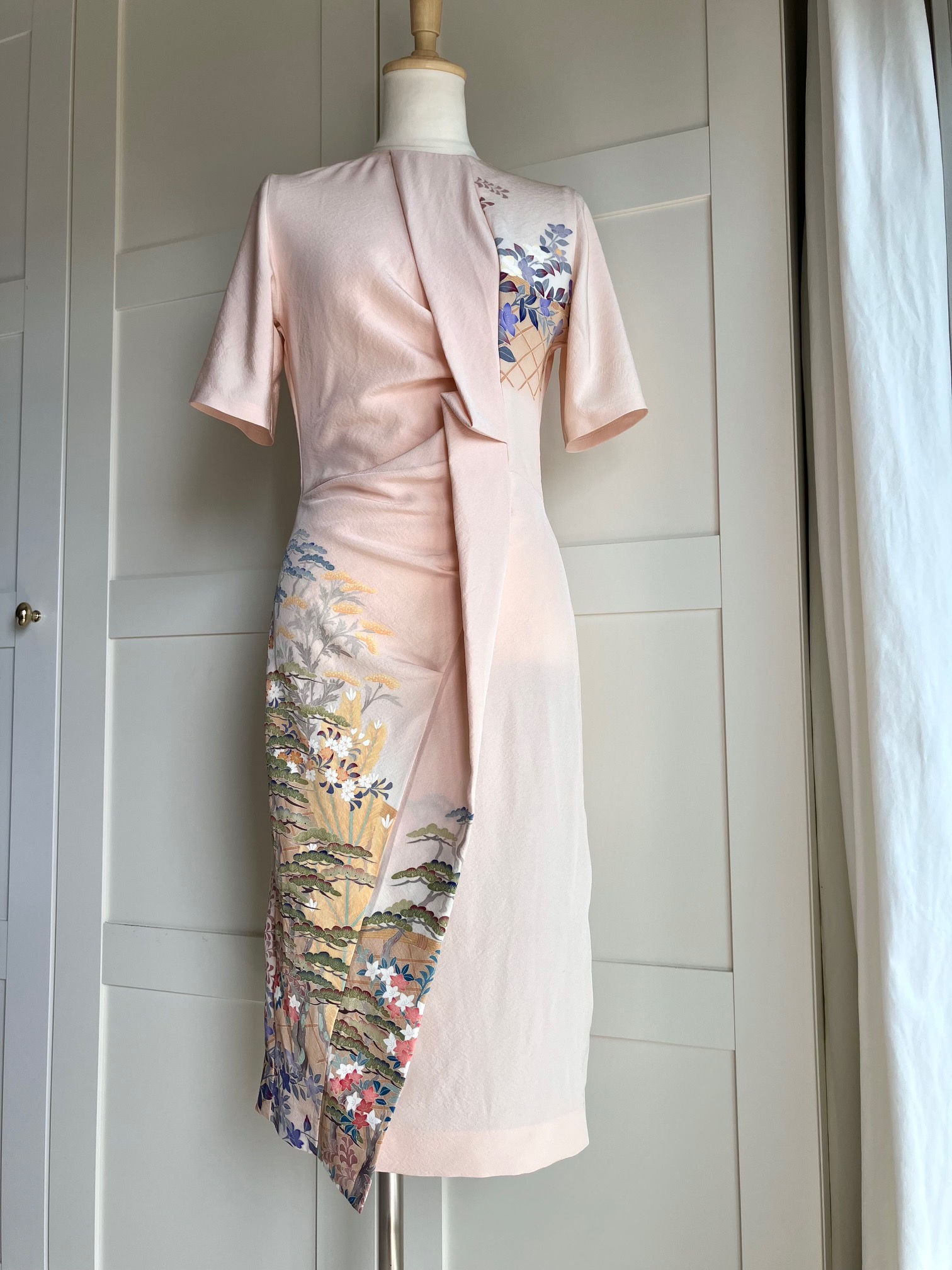 Marumi dress オリジナル着物リメイク 流麗アシンメトリーライン　半袖ドレス