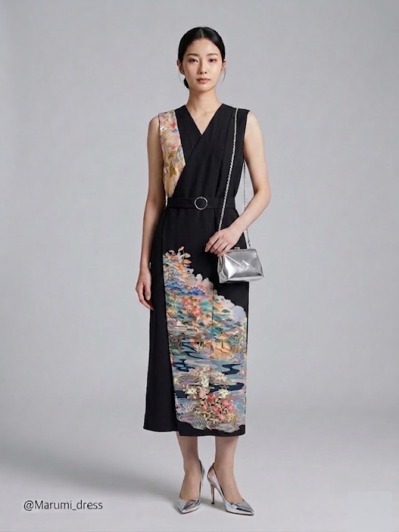 Marumi dress オリジナル着物リメイク アシンメトリーデザイン ラップスタイル 袖なし　ドレス