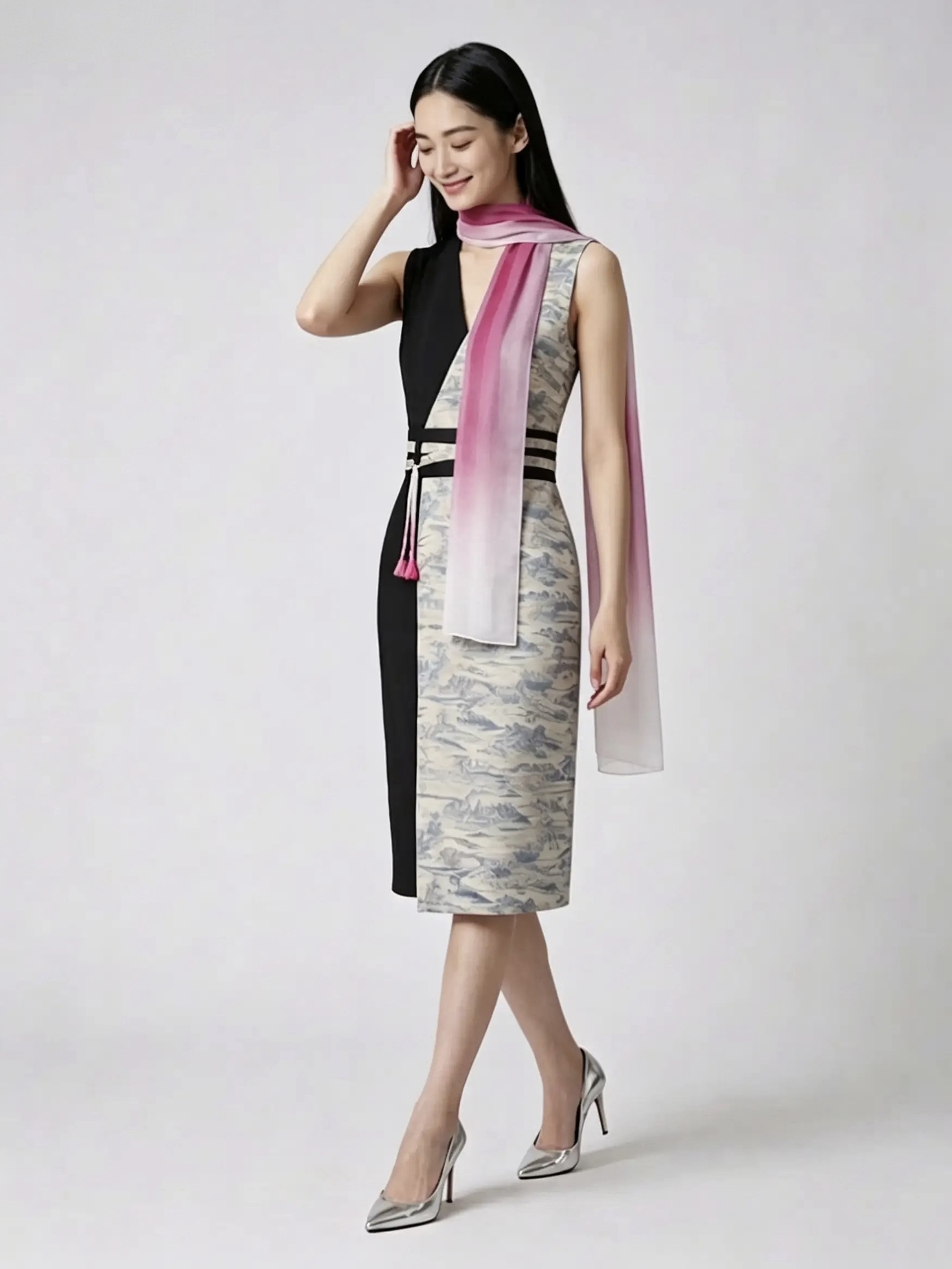 Marumi dress オリジナル着物リメイク アシンメトリーラップスタイルドレス　袖なし　（帯風ベルト＆タッセル付き)