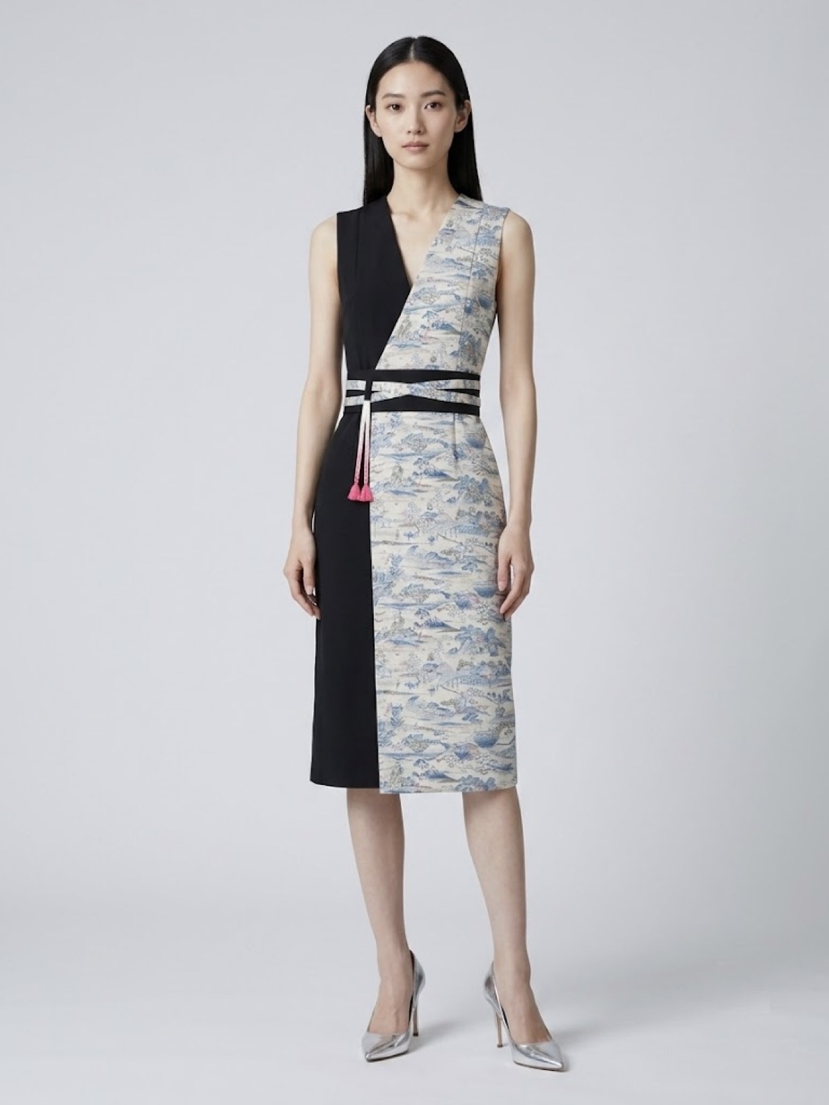 Marumi dress オリジナル着物リメイク アシンメトリーラップスタイルドレス　袖なし　（帯風ベルト＆タッセル付き)