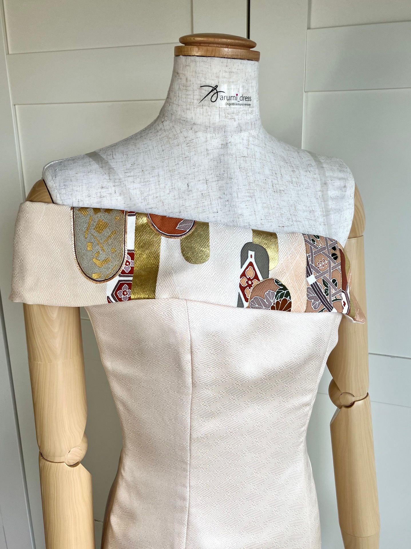 Marumi dress オリジナル着物リメイク　ストールディテール　ビスチェドレス　(ストラップショルダー＆半透明なショルダー付き）