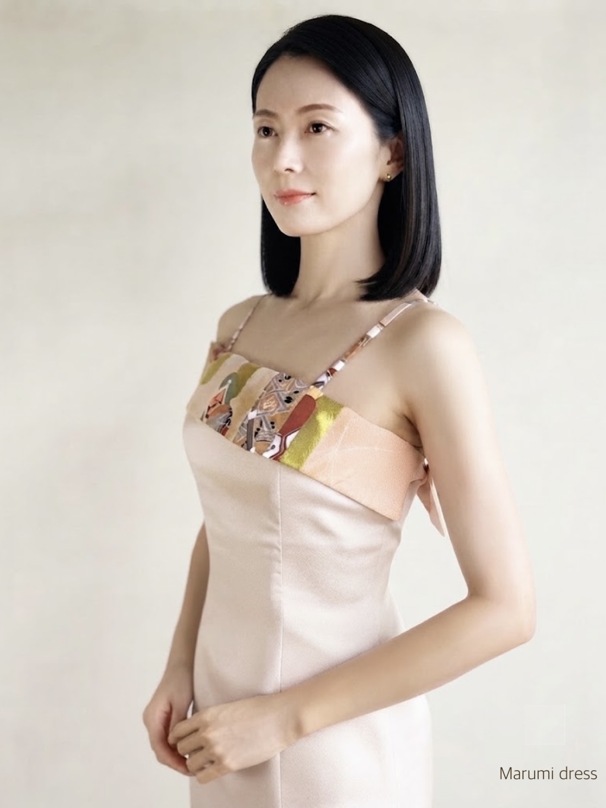 Marumi dress オリジナル着物リメイク　ストールディテール　ビスチェドレス　(ストラップショルダー＆半透明なショルダー付き）