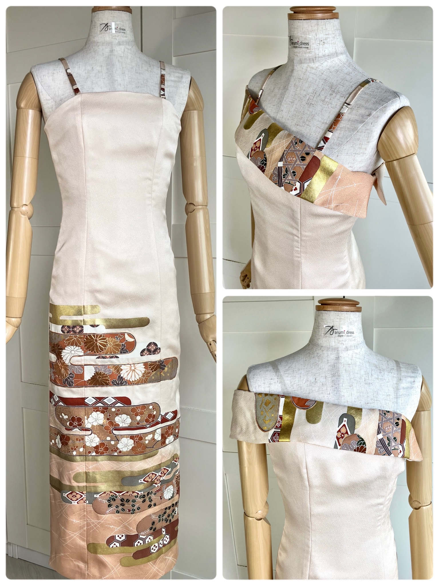 Marumi dress オリジナル着物リメイク　ストールディテール　ビスチェドレス　(ストラップショルダー＆半透明なショルダー付き）