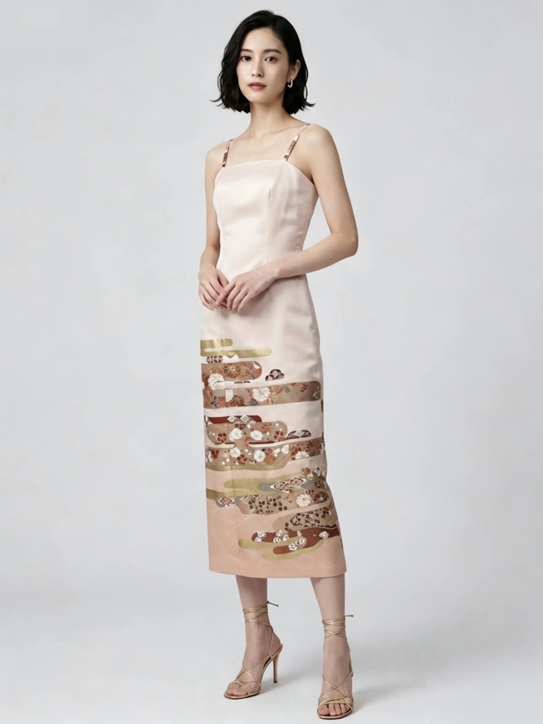 Marumi dress オリジナル着物リメイク　ストールディテール　ビスチェドレス　(ストラップショルダー＆半透明なショルダー付き）